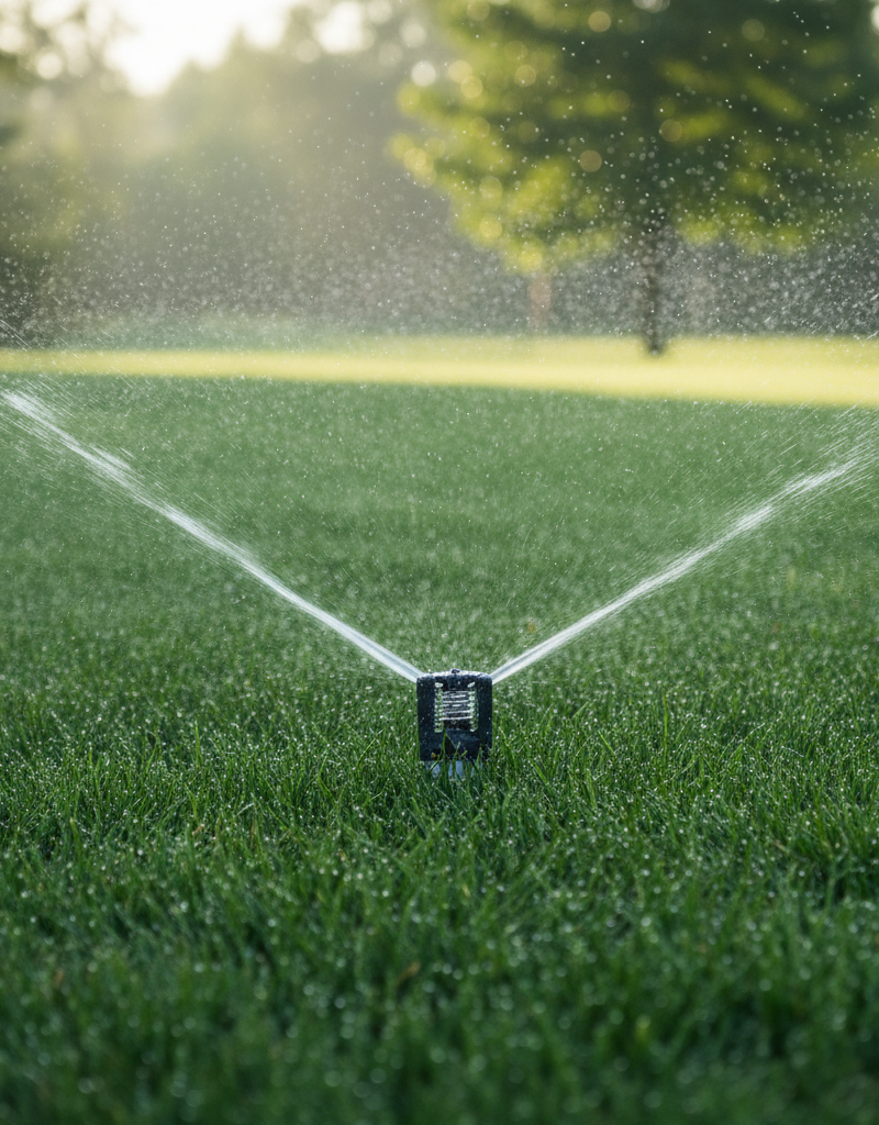 A lush, green lawn being watered by a sprinkler in an early morning summer setting.