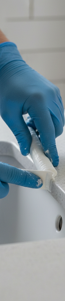 Hands smoothing a fresh caulk bead around a bathroom sink with a caulk tool.