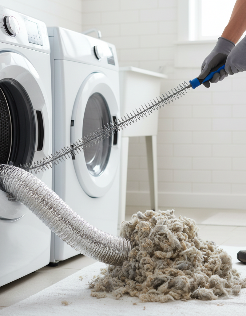 Homeowner cleaning a dryer vent with a brush to remove lint buildup.