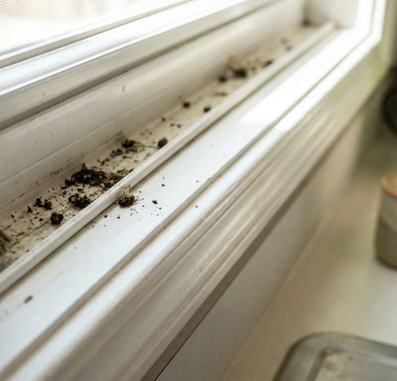 A close-up of a filthy white vinyl window track before being deep cleaned.