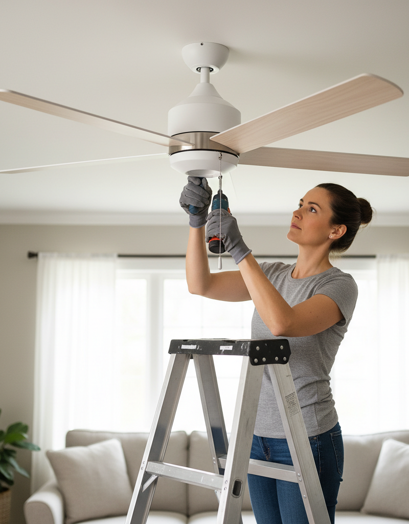 Homeowner tightening a screw on a ceiling fan blade to fix wobble