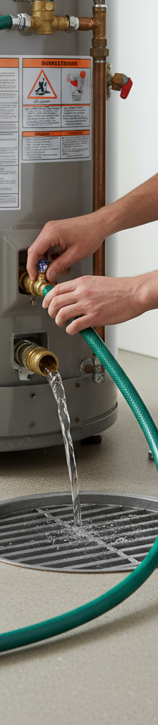 Homeowner flushing water heater with a garden hose