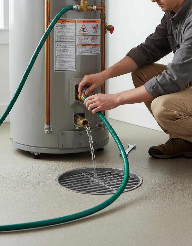 Homeowner flushing water heater with a garden hose