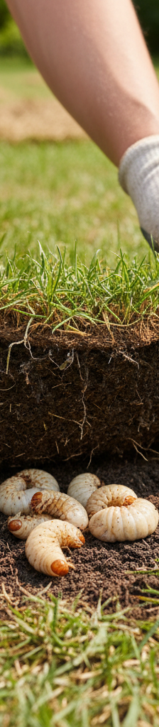 Homeowner inspecting lawn for grubs by lifting a patch of sod
