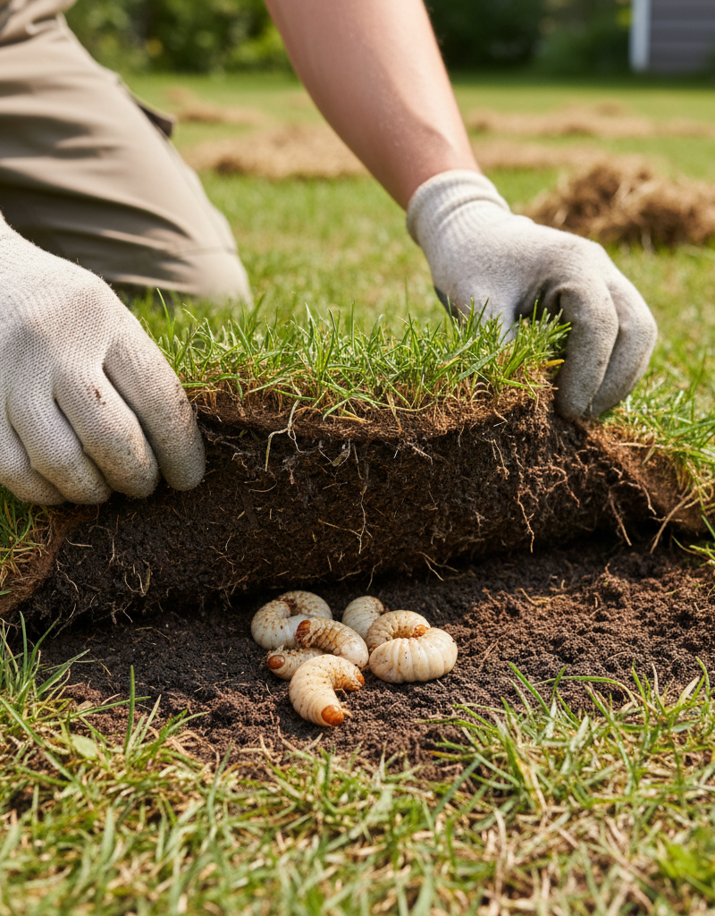 Homeowner inspecting lawn for grubs by lifting a patch of sod