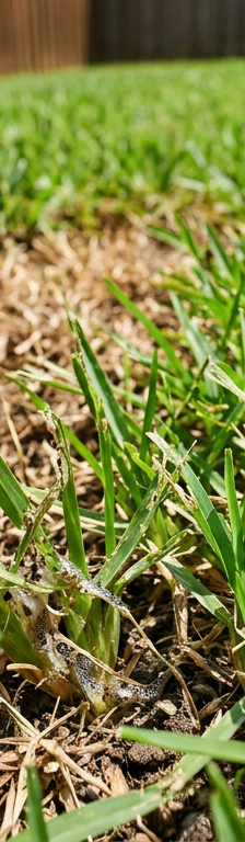 A brown, damaged patch in a green lawn caused by a sod webworm infestation.