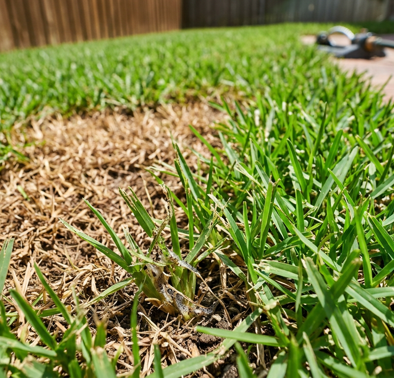 A brown, damaged patch in a green lawn caused by a sod webworm infestation.
