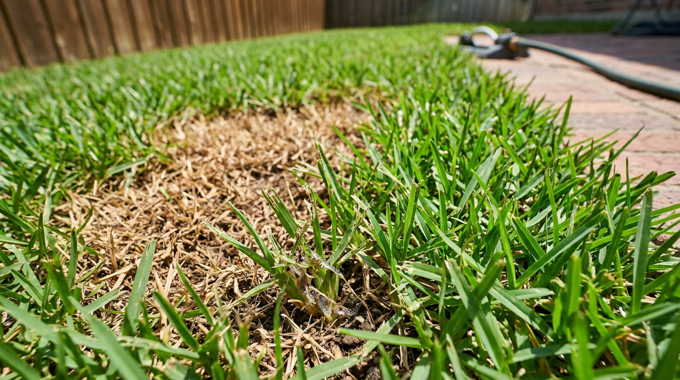 A brown, damaged patch in a green lawn caused by a sod webworm infestation.