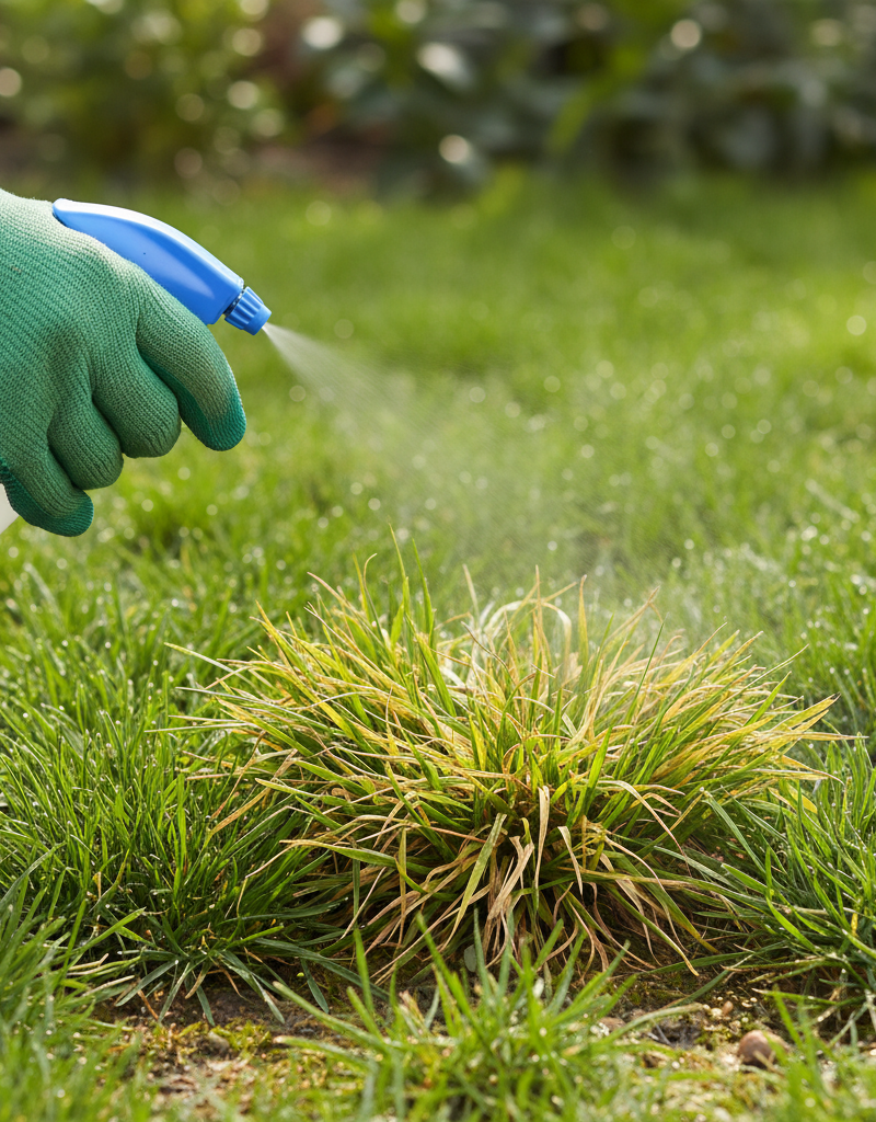 Hand spot-treating crabgrass with a sprayer, healthy green lawn surrounding