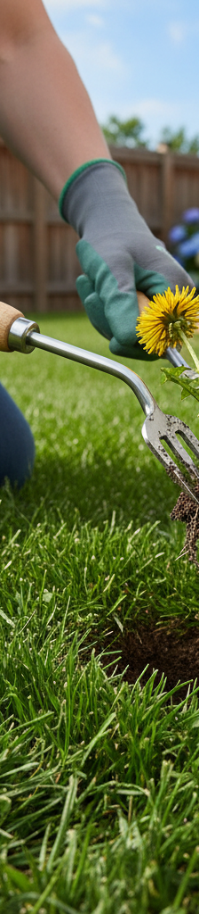 Homeowner using a weeding tool to remove a dandelion from a green lawn, demonstrating manual weed removal.