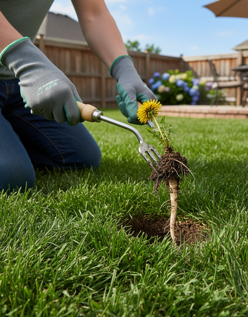 Homeowner using a weeding tool to remove a dandelion from a green lawn, demonstrating manual weed removal.
