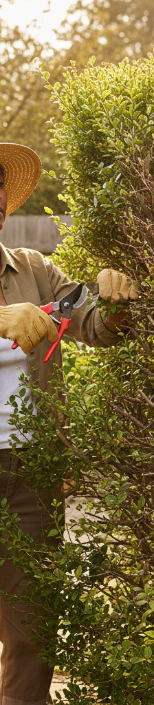 A homeowner pruning an overgrown shrub in their garden, showing the process of rejuvenation.