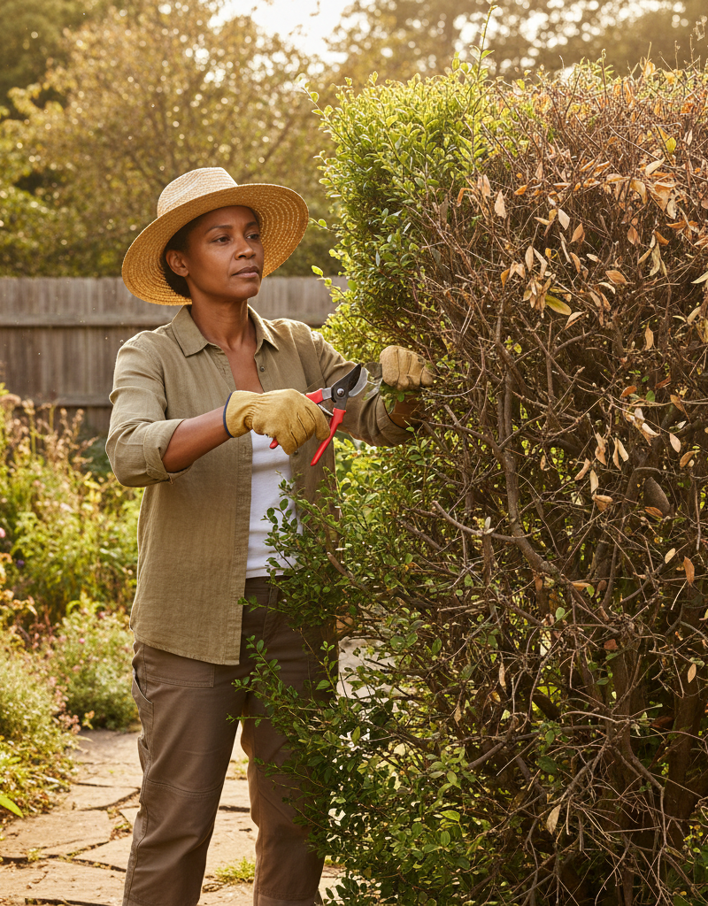 A homeowner pruning an overgrown shrub in their garden, showing the process of rejuvenation.