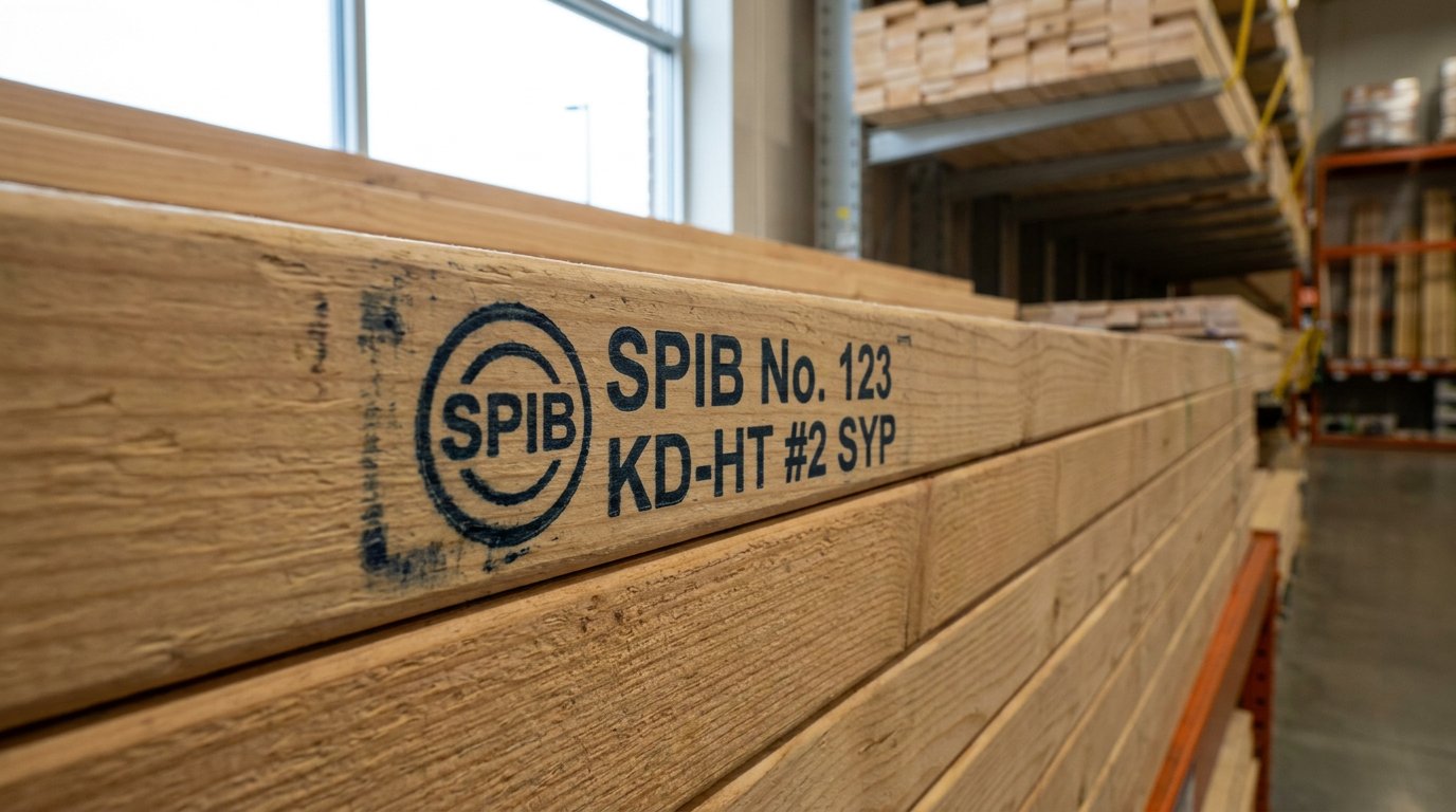 A close-up of a lumber grade stamp on a 2x6 board showing its grade and species.