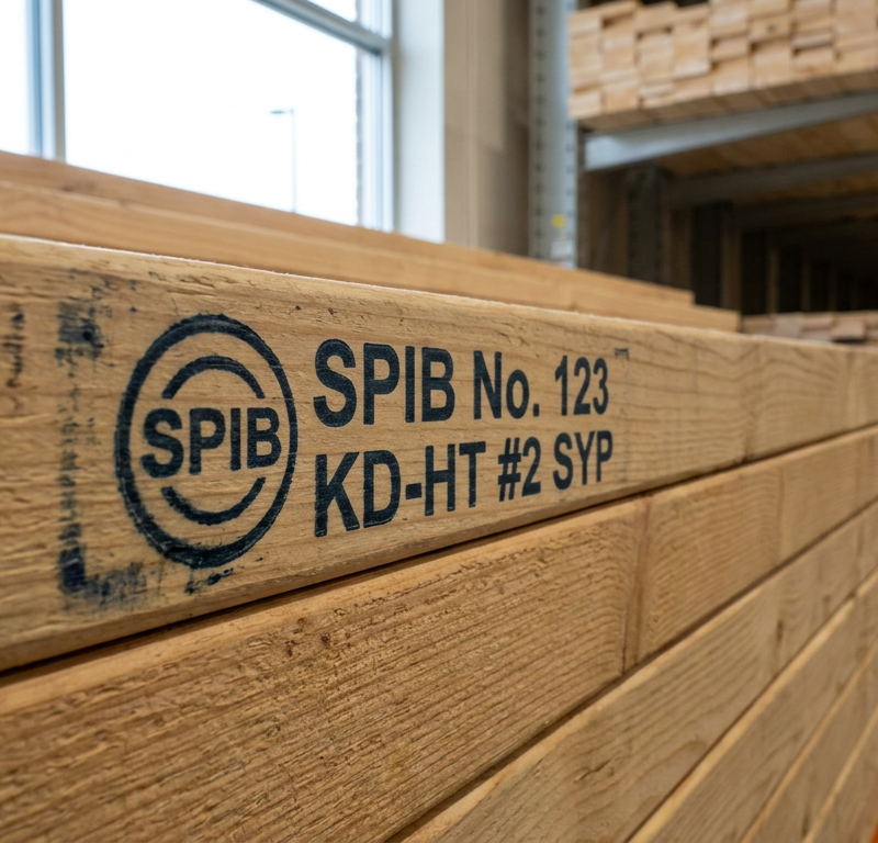 A close-up of a lumber grade stamp on a 2x6 board showing its grade and species.