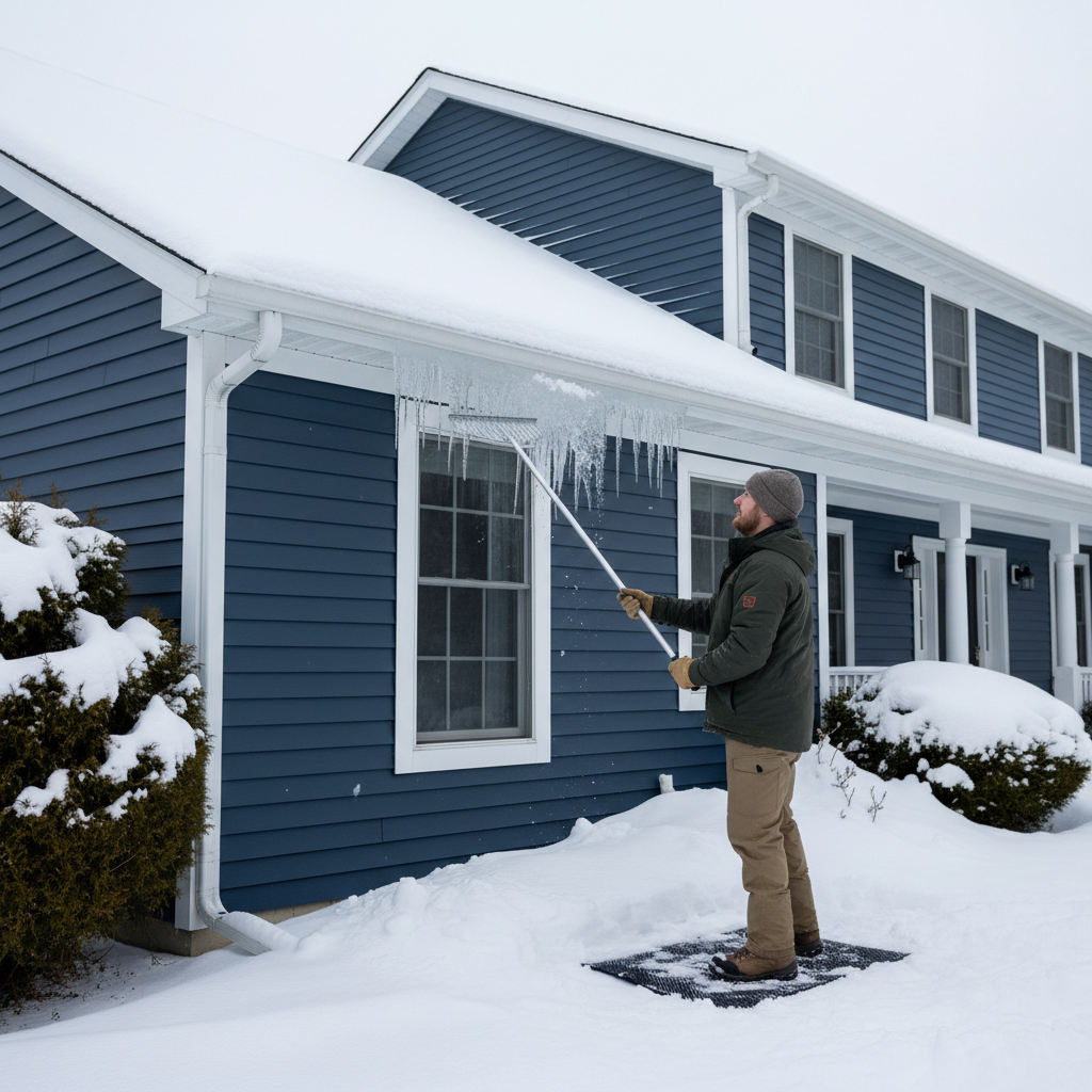 Homeowner safely clearing snow from a roof with a roof rake to prevent ice dams.