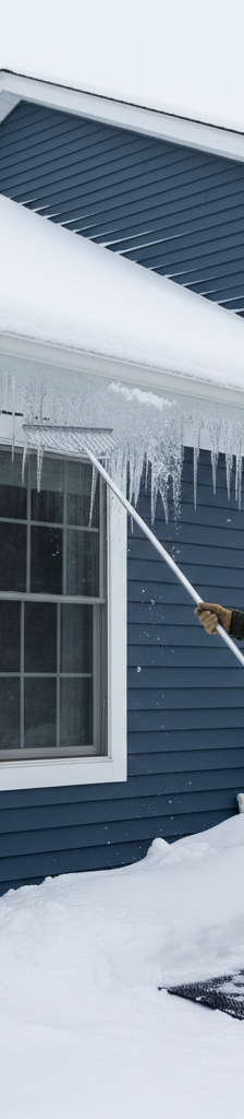 Homeowner safely clearing snow from a roof with a roof rake to prevent ice dams.