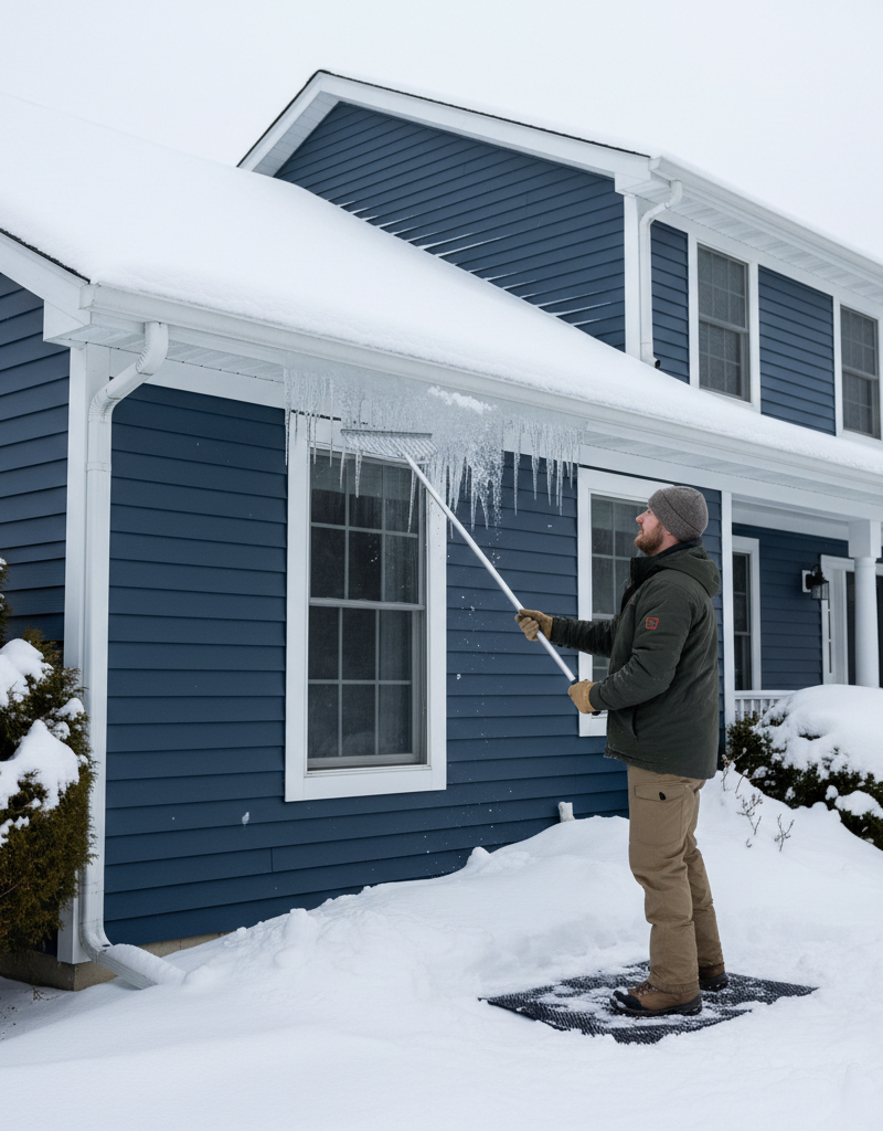 Homeowner safely clearing snow from a roof with a roof rake to prevent ice dams.