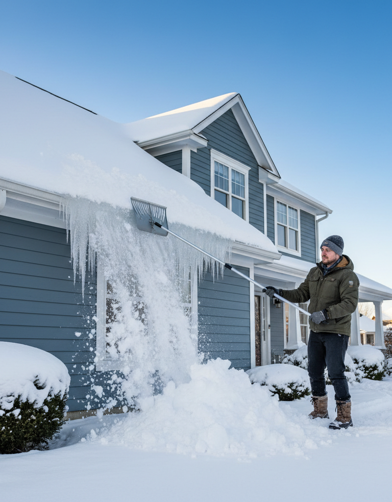 Homeowner using a roof rake to remove snow near an ice dam