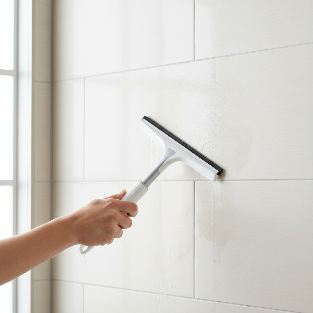 A hand using a squeegee to wipe down a clean, sparkling ceramic tile shower wall, with a small patch of dull soap scum visible on an adjacent uncleaned area.