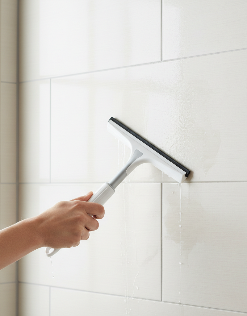 A hand using a squeegee to wipe down a clean, sparkling ceramic tile shower wall, with a small patch of dull soap scum visible on an adjacent uncleaned area.