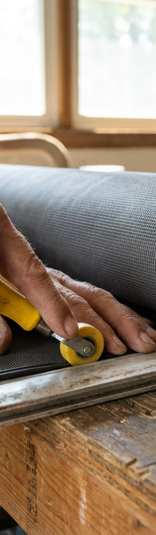 A person using a special tool to install new mesh on a window screen frame.