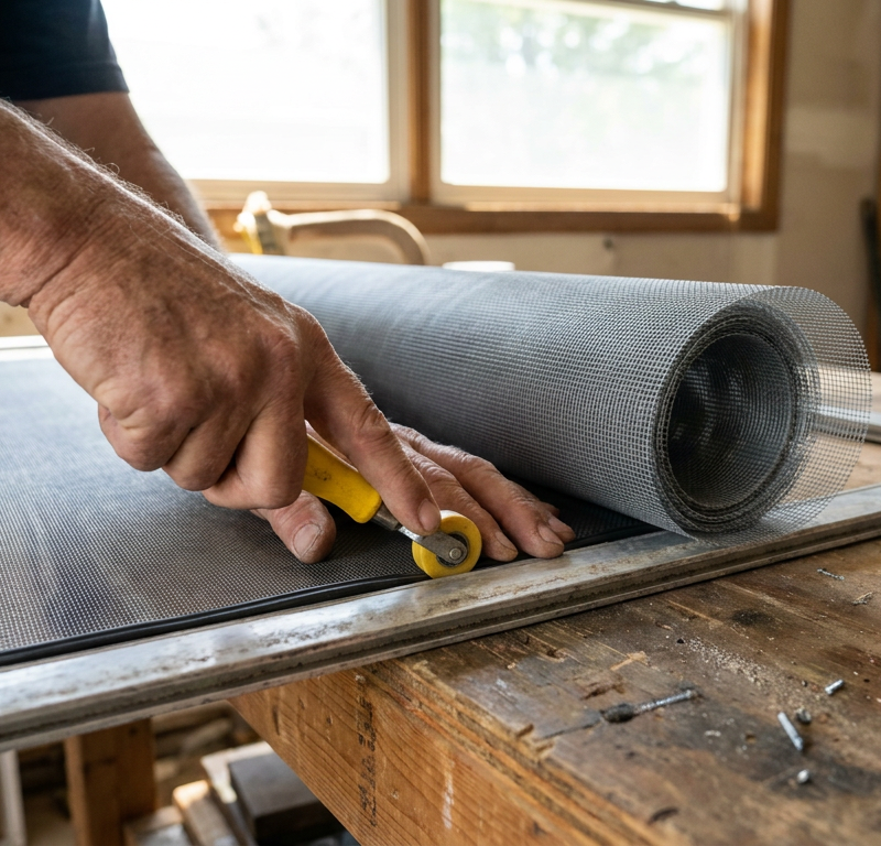 A person using a special tool to install new mesh on a window screen frame.