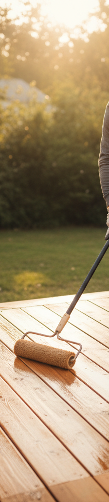Homeowner applying fresh sealant to a wooden deck with a roller for protection.