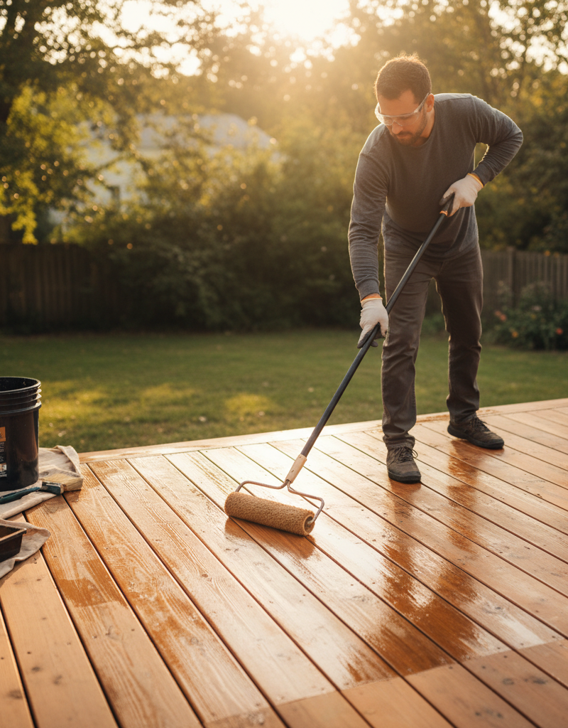 Homeowner applying fresh sealant to a wooden deck with a roller for protection.