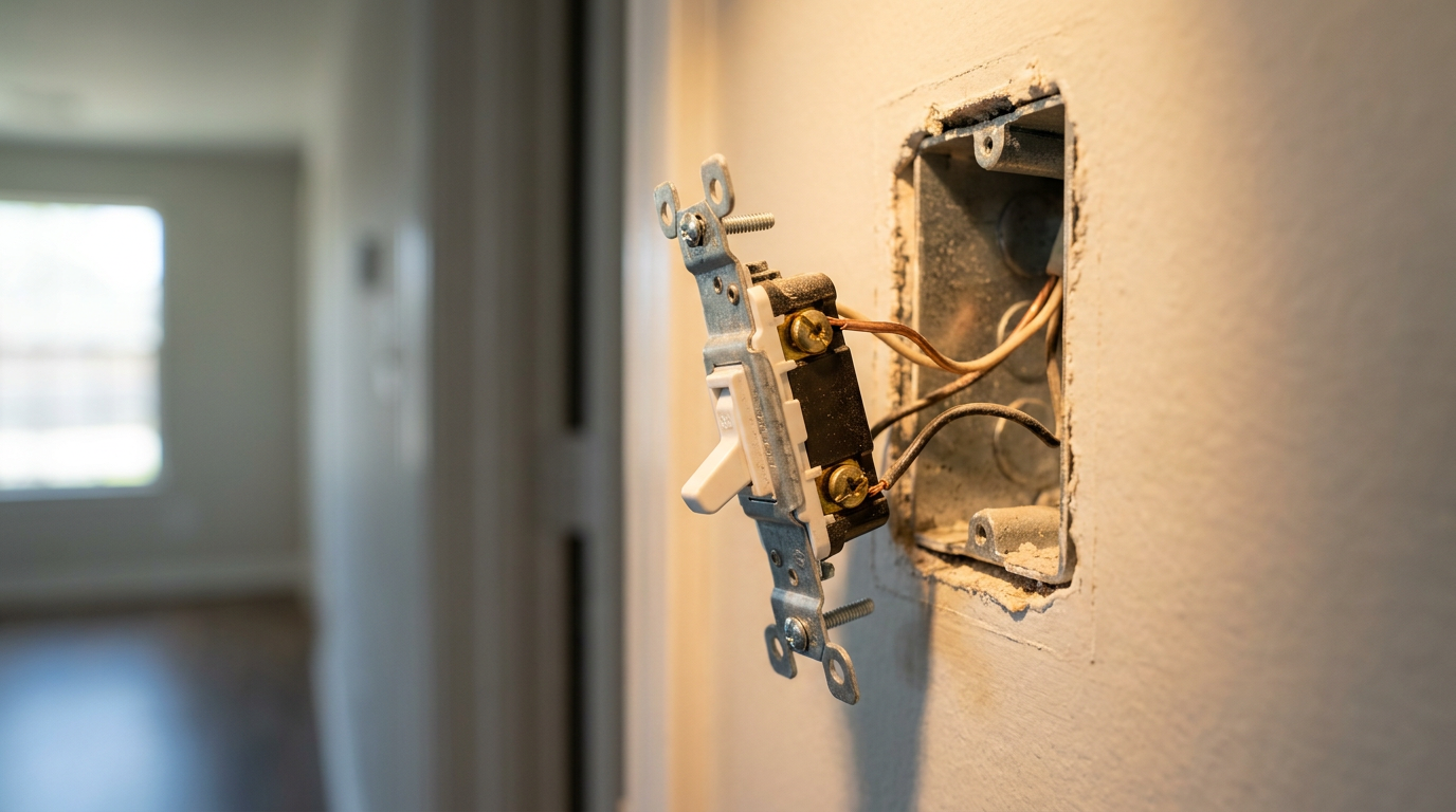 Worn single-pole wall light switch pulled forward from an open electrical junction box showing copper wiring