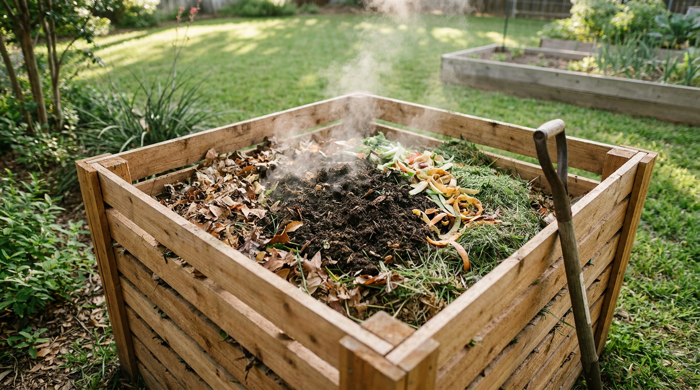 A wooden compost bin in a backyard, steaming with heat and full of rich, dark compost and organic matter.