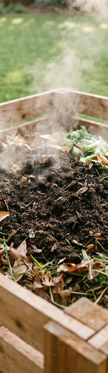 A wooden compost bin in a backyard, steaming with heat and full of rich, dark compost and organic matter.
