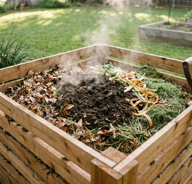 A wooden compost bin in a backyard, steaming with heat and full of rich, dark compost and organic matter.