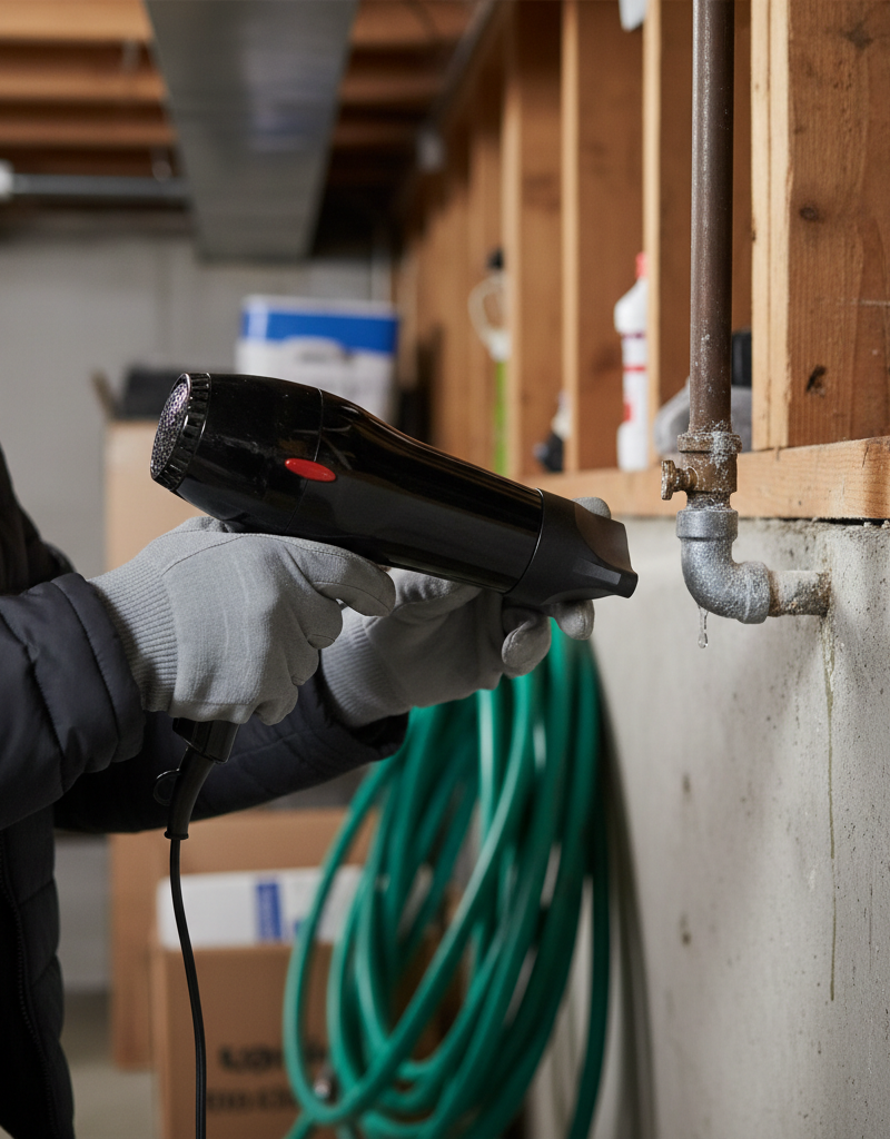 Homeowner using a hairdryer to safely thaw a frozen pipe in a basement.