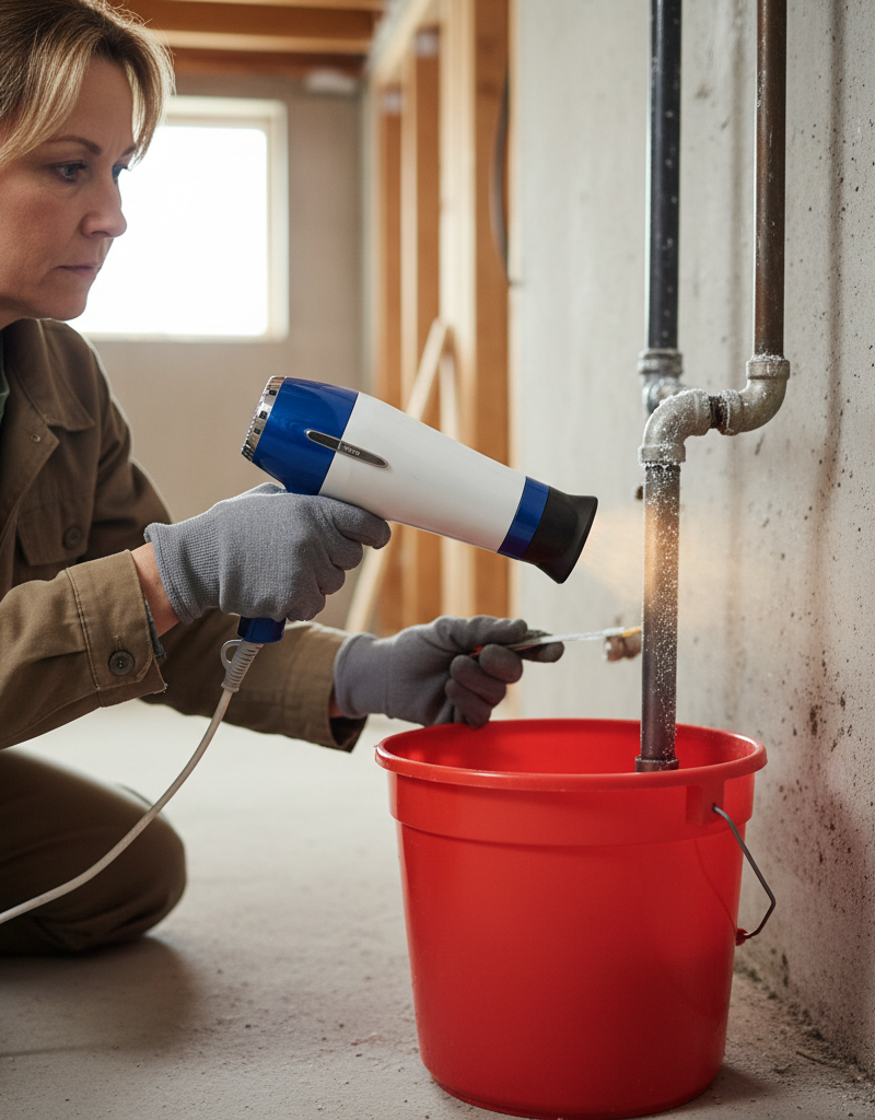 Homeowner gently thawing a chrome water pipe with a hairdryer to prevent bursting.