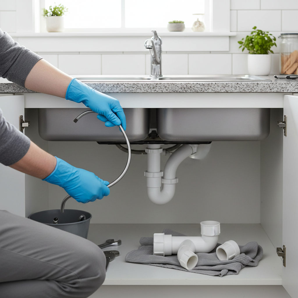 Homeowner's hands in gloves using a drain snake to clear a kitchen sink drain with the P-trap removed.