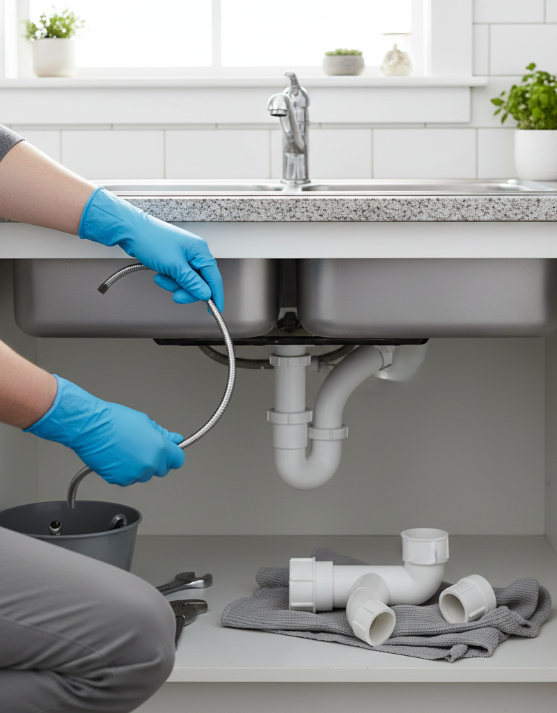 Homeowner's hands in gloves using a drain snake to clear a kitchen sink drain with the P-trap removed.