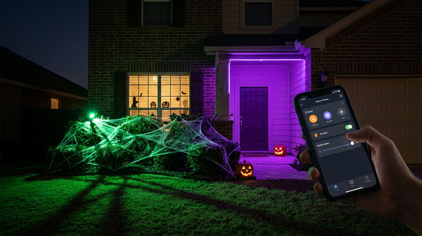 A house with spooky purple and green smart lights for Halloween.
