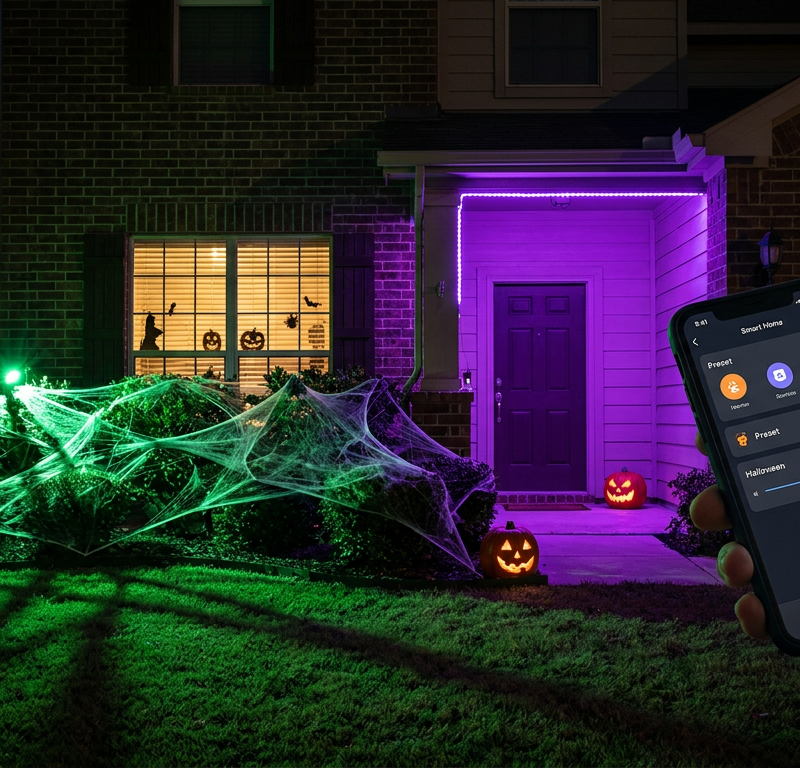 A house with spooky purple and green smart lights for Halloween.