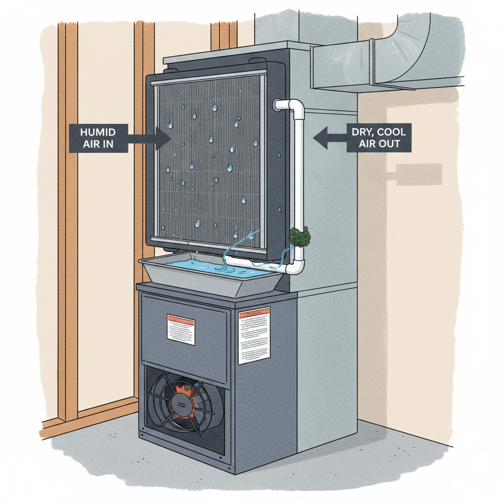 Diagram showing an AC evaporator coil removing humidity, with a clogged condensate drain.