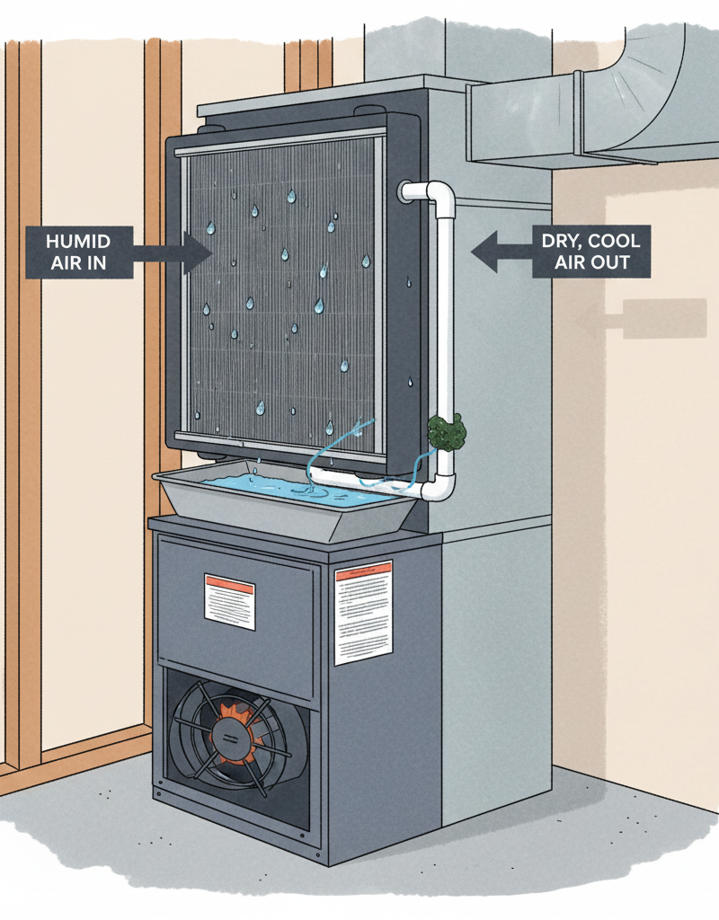 Diagram showing an AC evaporator coil removing humidity, with a clogged condensate drain.