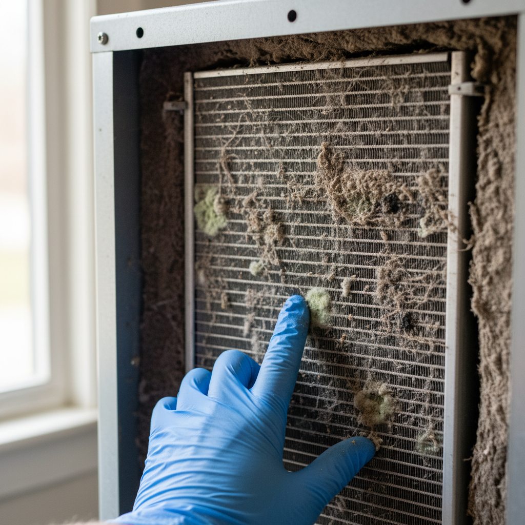 Severely dirty indoor AC evaporator coil with dust and grime, indicating a common cause of high humidity.