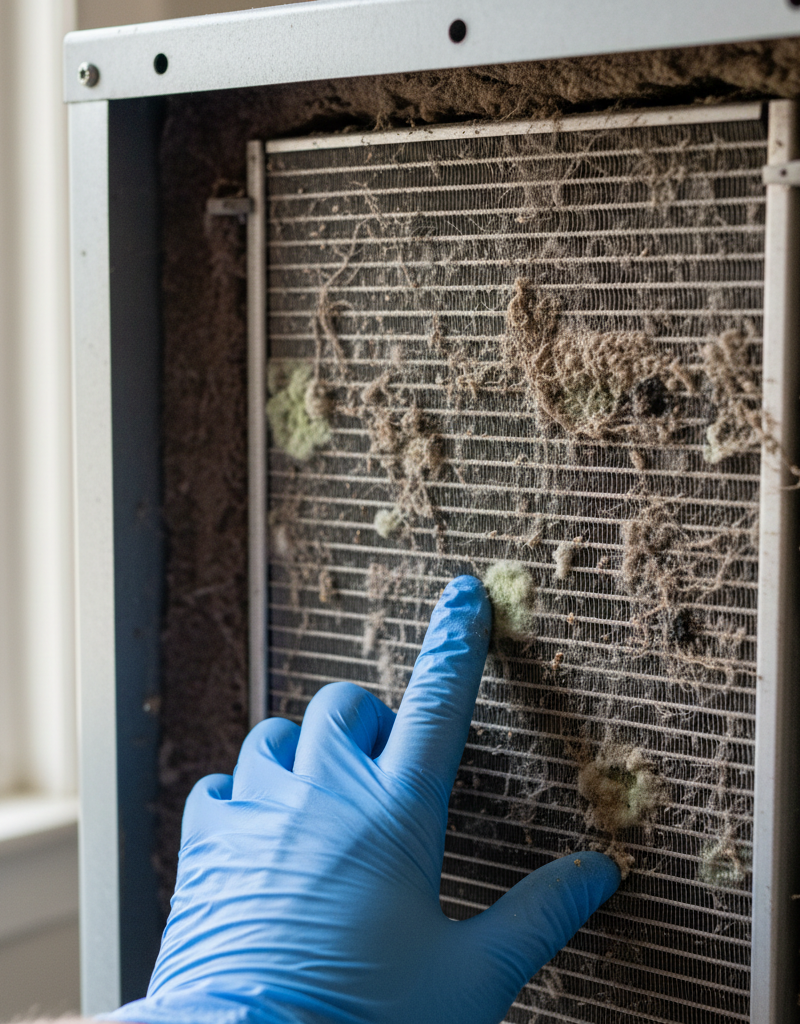 Severely dirty indoor AC evaporator coil with dust and grime, indicating a common cause of high humidity.