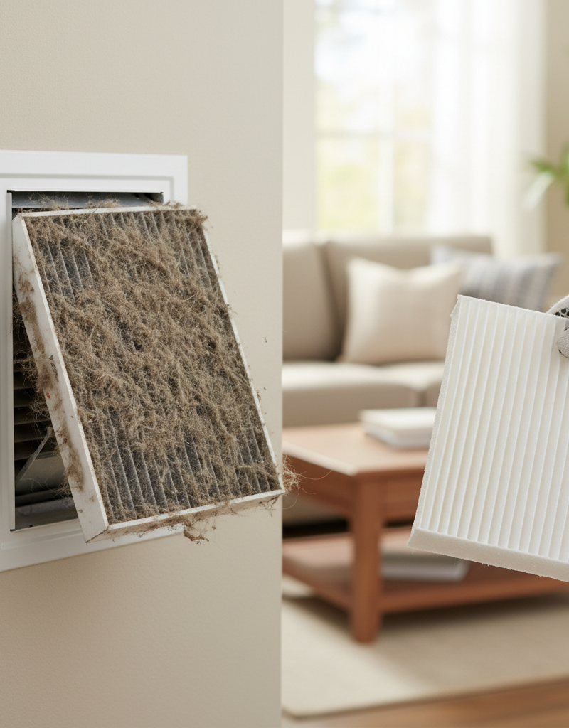Homeowner inspecting a dusty air filter, a common cause of high humidity when AC is running.