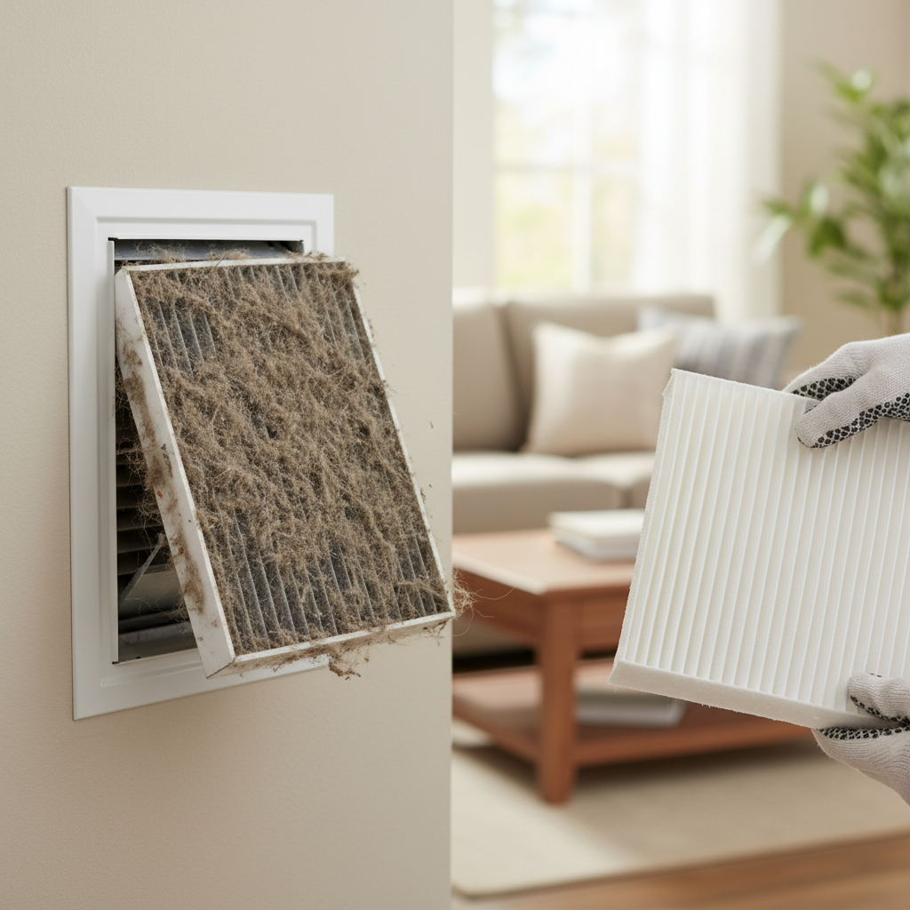 Homeowner inspecting a dusty air filter, a common cause of high humidity when AC is running.