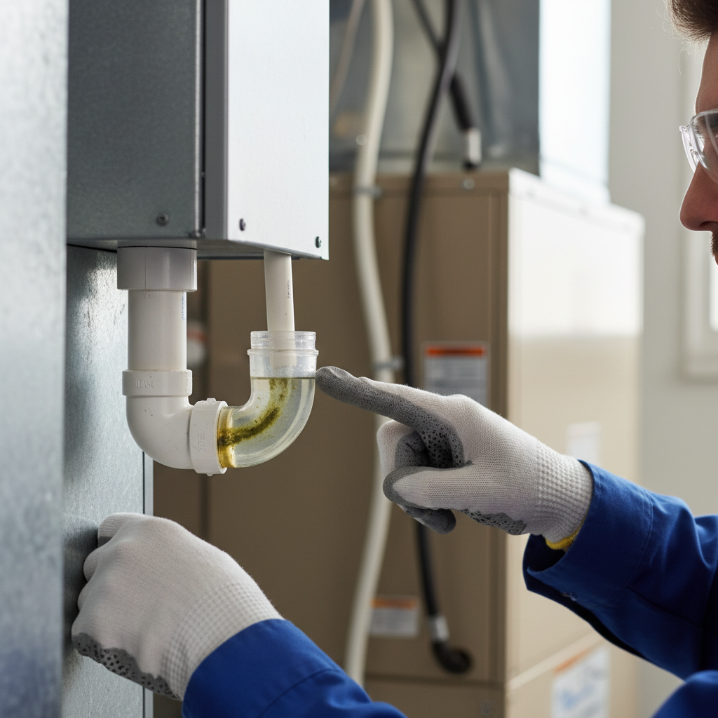 HVAC technician pointing at a dirty P-trap on an AC condensate drain line, explaining why a house is humid.