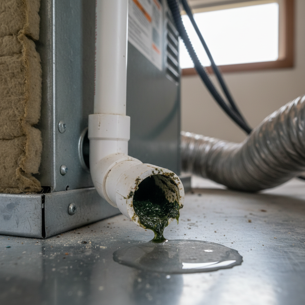 Visible gunk blocking an HVAC condensate drain pipe leading from an air handler, indicating a common cause of high indoor humidity.