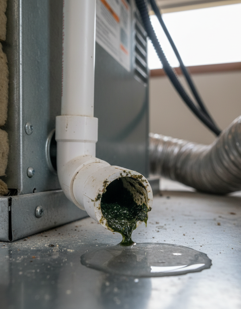 Visible gunk blocking an HVAC condensate drain pipe leading from an air handler, indicating a common cause of high indoor humidity.