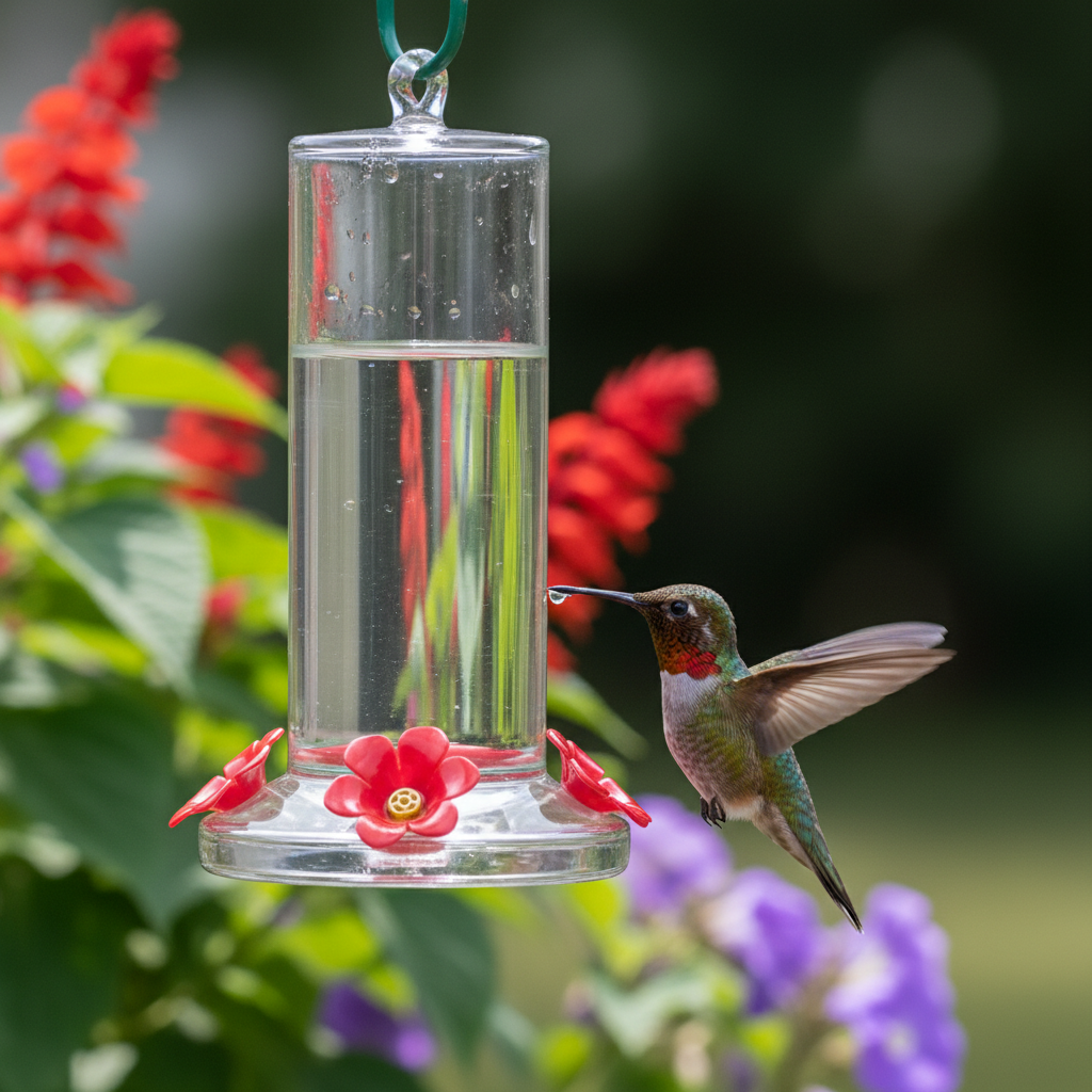 Ruby-throated hummingbird drinking from a clean feeder filled with clear sugar water.