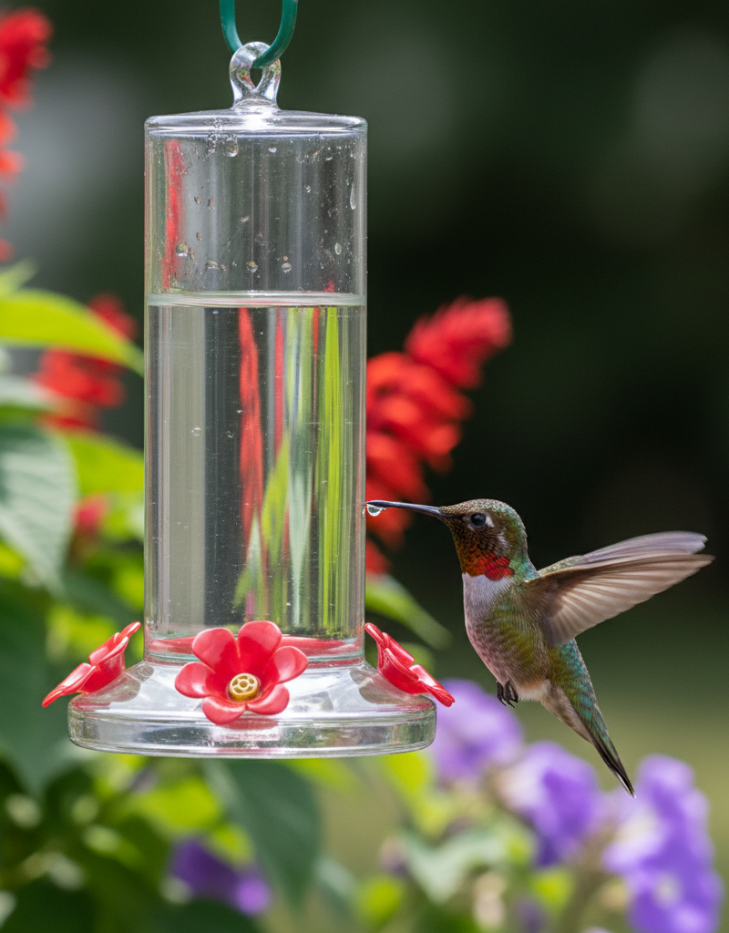 Ruby-throated hummingbird drinking from a clean feeder filled with clear sugar water.